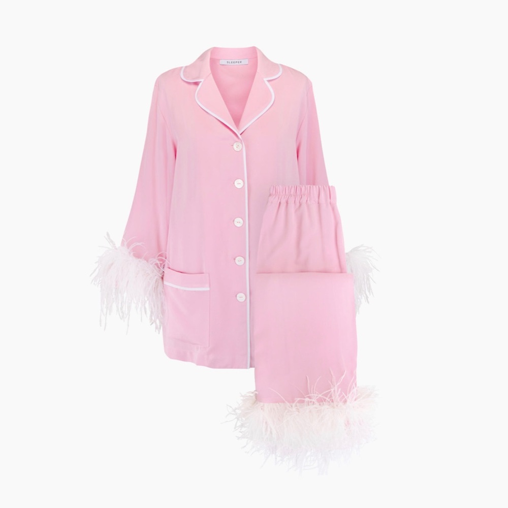 Sleeper Party Pajama Set with Feathers in Pink